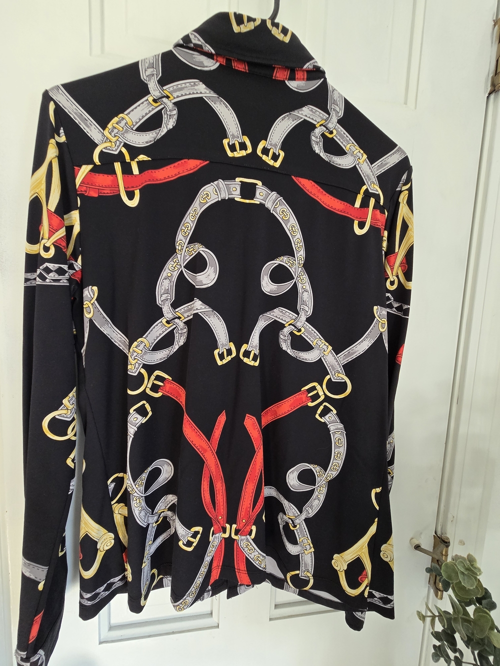 J. McLaughlin Black Blouse with Red and Yellow Harness Print